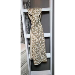 MICHAEL KORS Scarf MK Monogram Tan Beige White Knit Logo Border 64 x 11"